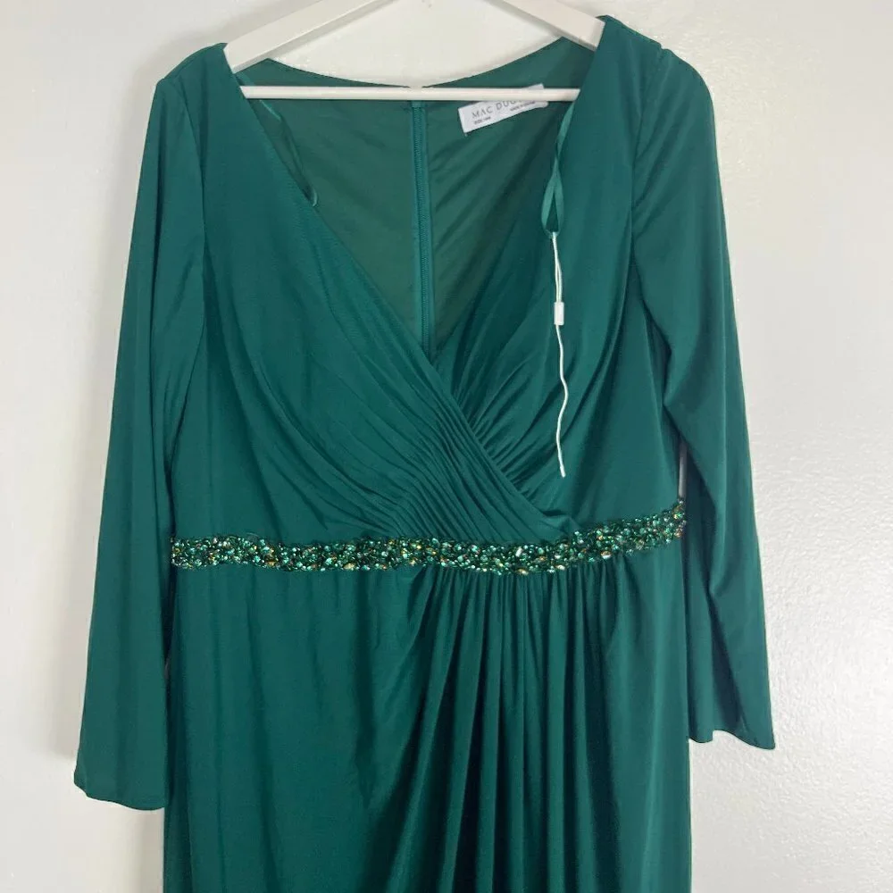 MAC DUGGAL Belted Faux Wrap Long Sleeve Jersey Gown in Green Size US 14W